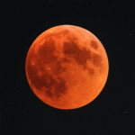 A deep red Blood Moon glowing during the total lunar eclipse of September 2025, set against a starry night sky with dark tree silhouettes in the foreground.