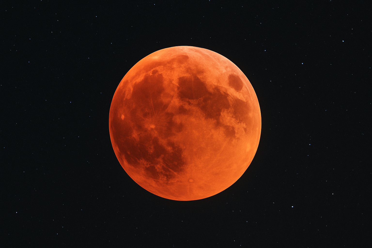 A deep red Blood Moon glowing during the total lunar eclipse of September 2025, set against a starry night sky with dark tree silhouettes in the foreground.